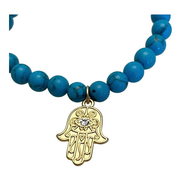 NEW Beaded HAMSA HAND EYE BRACELET Blue Gem Stone Beads Stretch Gold Charm NWOT - Picture 2 of 4